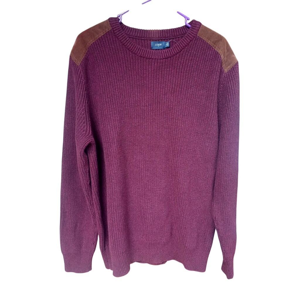 J Crew Sweater Mens CL Burgandy Red Classic Suede Shoulder Patch Ribbed Crew